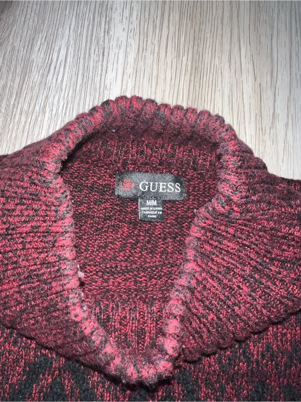 Guess Men's Burgundy Turtleneck Sweater with Black Fair Isle Detail